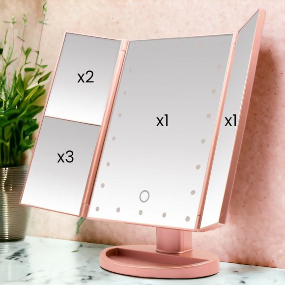 Tri-Fold Lighted Makeup Mirror 22 LED 1x 2x 3x Rose Gold USB Battery Operated - Picture 11 of 16